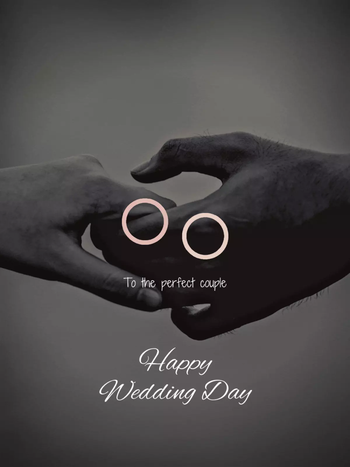 Monochrome wedding card featuring hands holding each other with interlinked rings, minimalist design, celebrating love and unity.