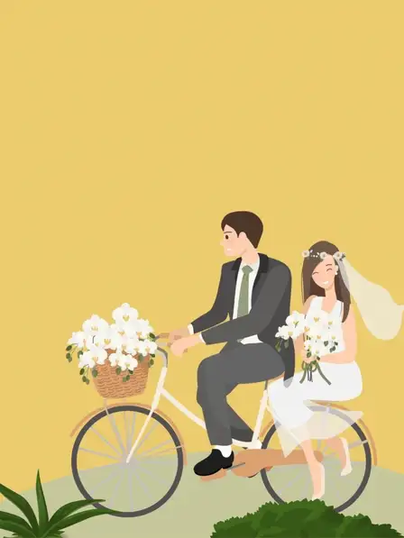 Animated wedding card featuring a newlywed couple riding a bicycle, the bride with flowers and a floral crown, warm yellow background, illustration design style.