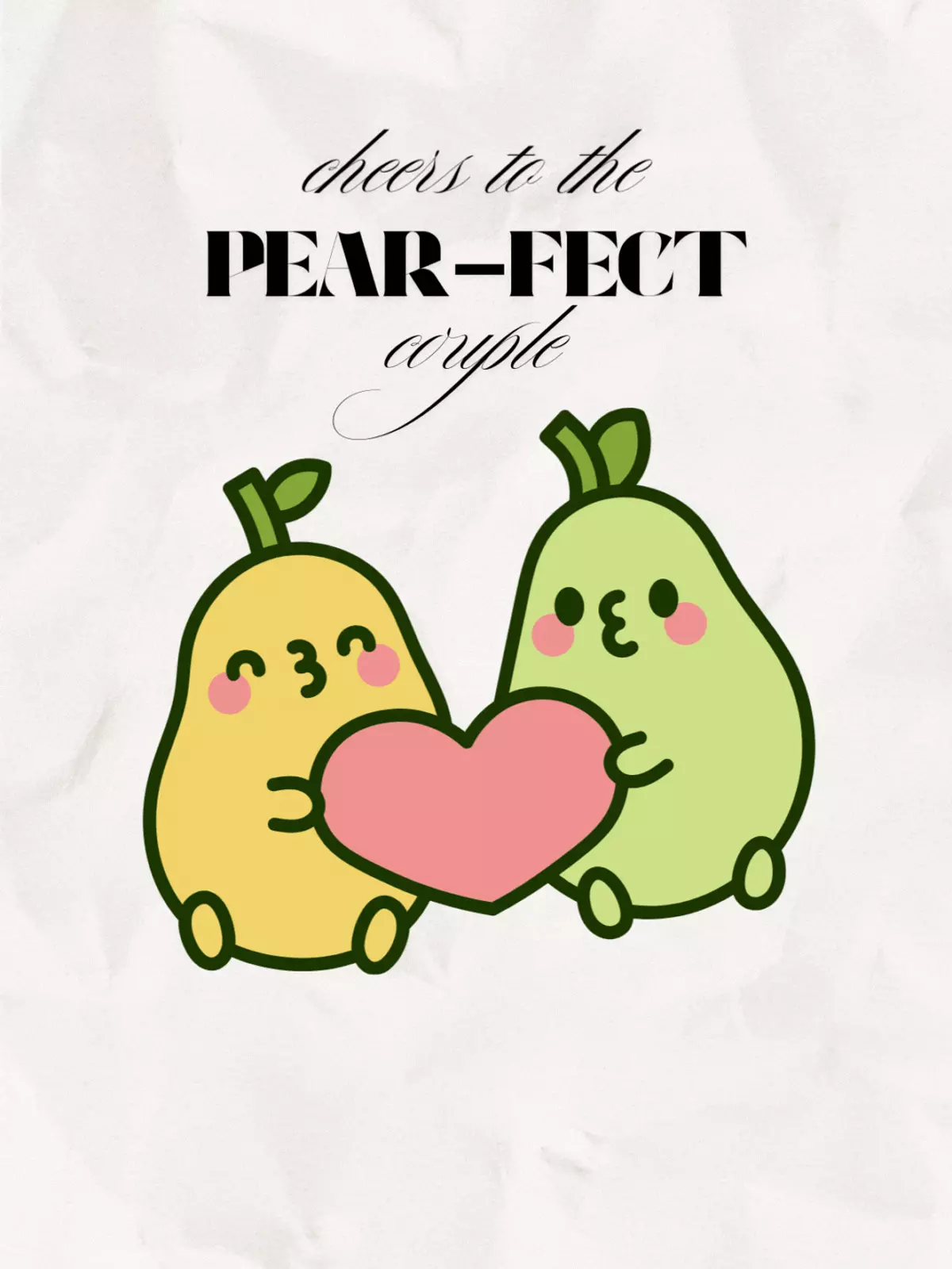 Animated wedding card featuring two cute pears holding a heart, with the text "PEAR-FECT couple" in a fun, whimsical style. Perfect for a humorous wedding or engagement greeting.