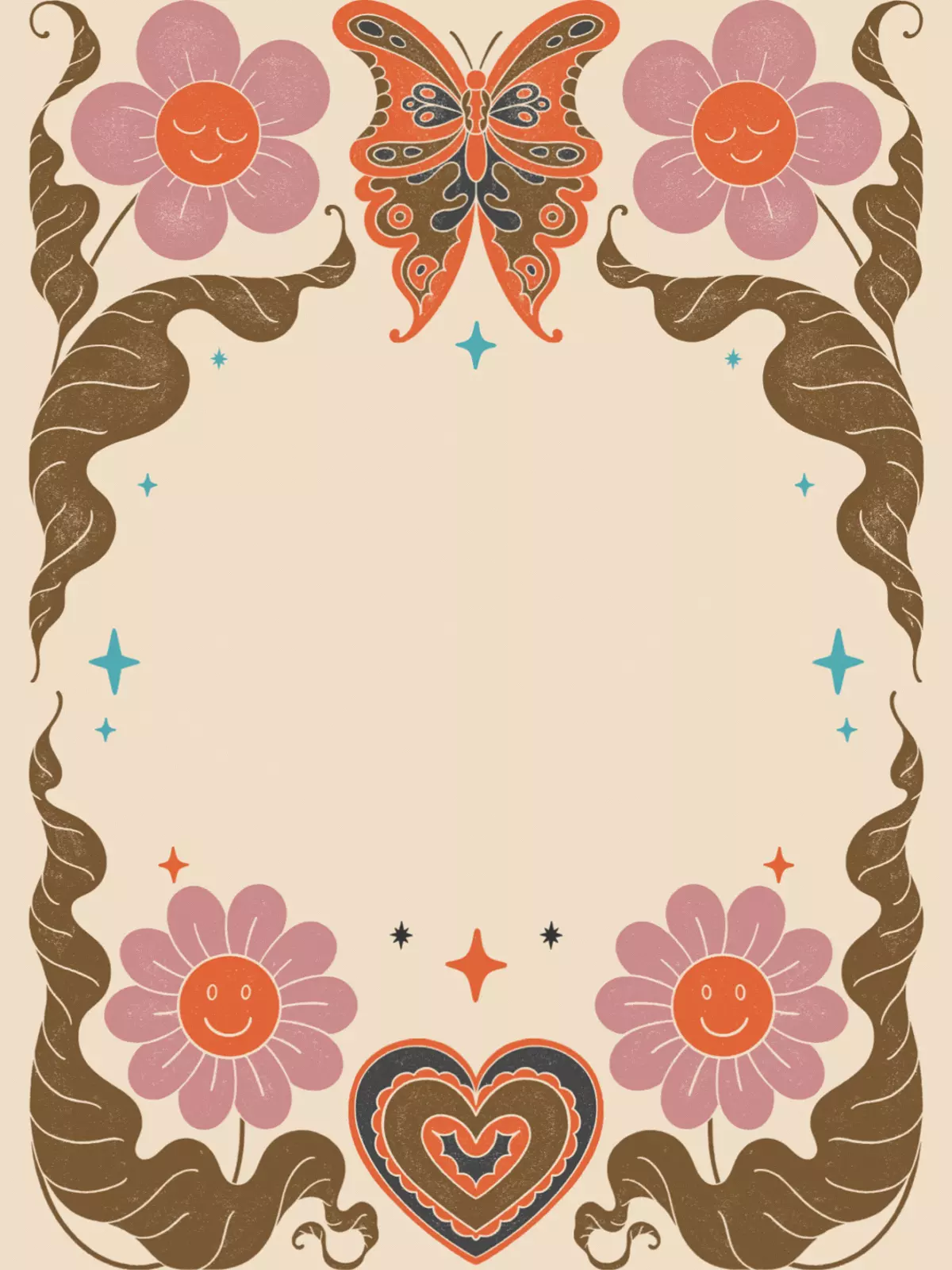 Vintage wedding card with ornamental floral border, butterfly, heart, and smiling flowers in beige, brown, pink, and turquoise colors, perfect for celebrating a wedding or engagement