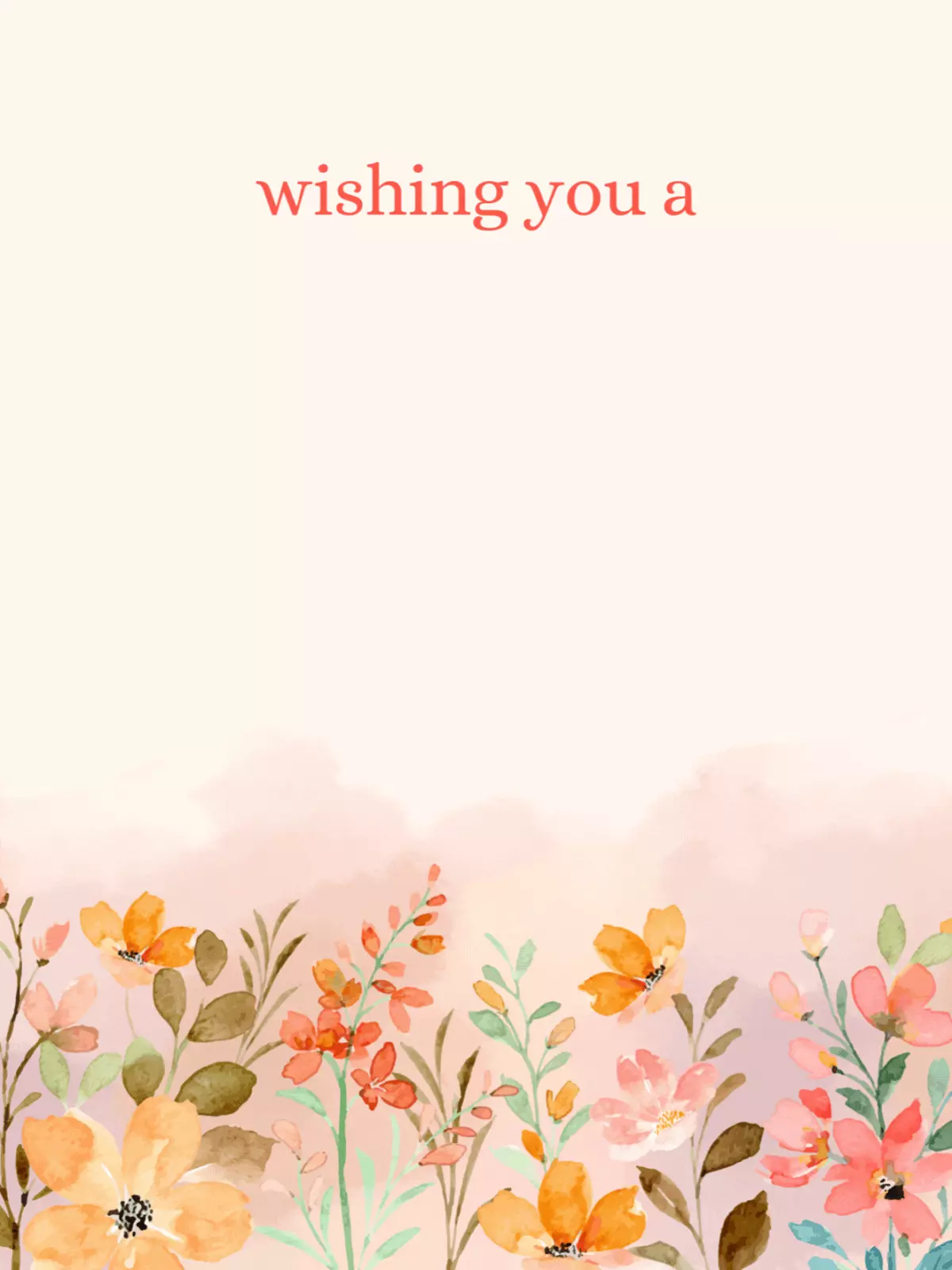 Watercolor bridal shower card featuring a field of orange and pink flowers with green leaves, soft pink and beige background, elegant floral design.