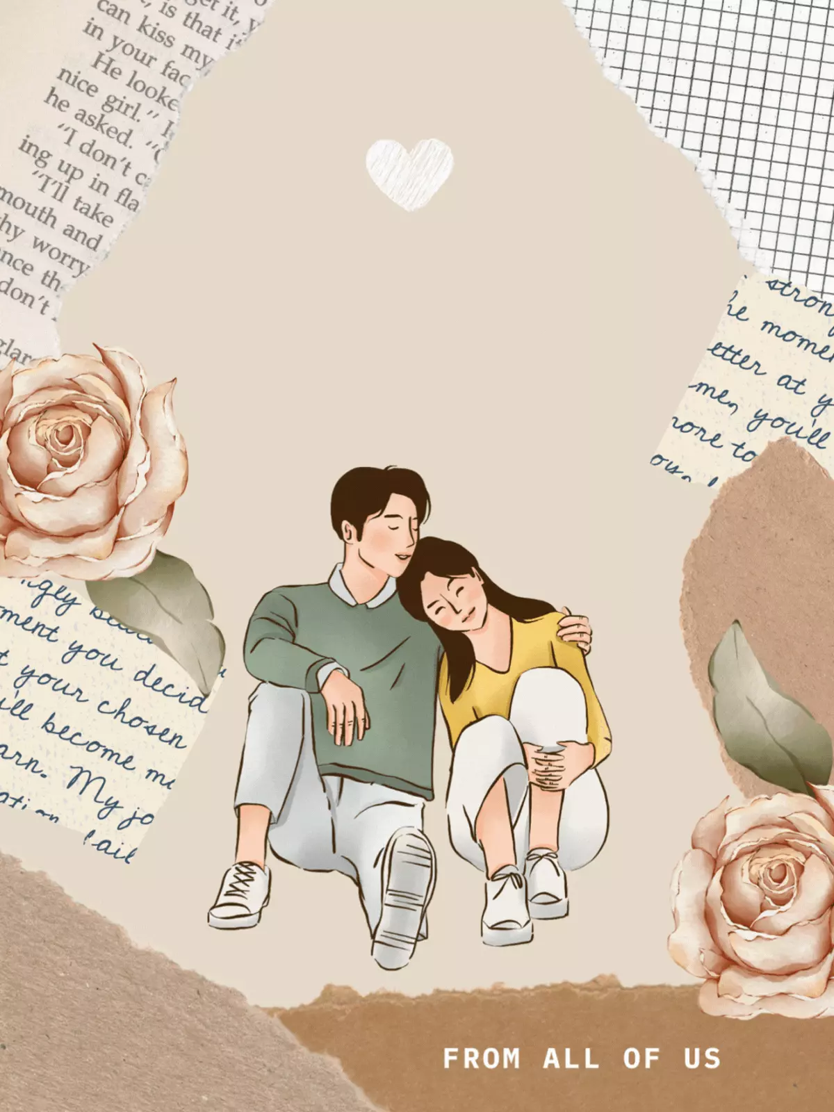 Romantic vintage wedding card featuring a couple embracing, surrounded by scrapbook-style paper scraps and watercolor roses on a light brown background. Celebrate their lifetime of love.