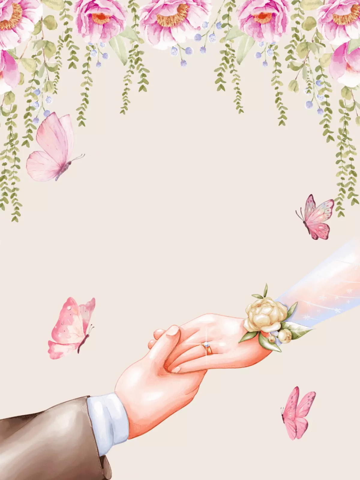 Watercolor wedding card featuring pink peonies, green foliage, a diamond ring, and butterflies, symbolizing love and commitment.