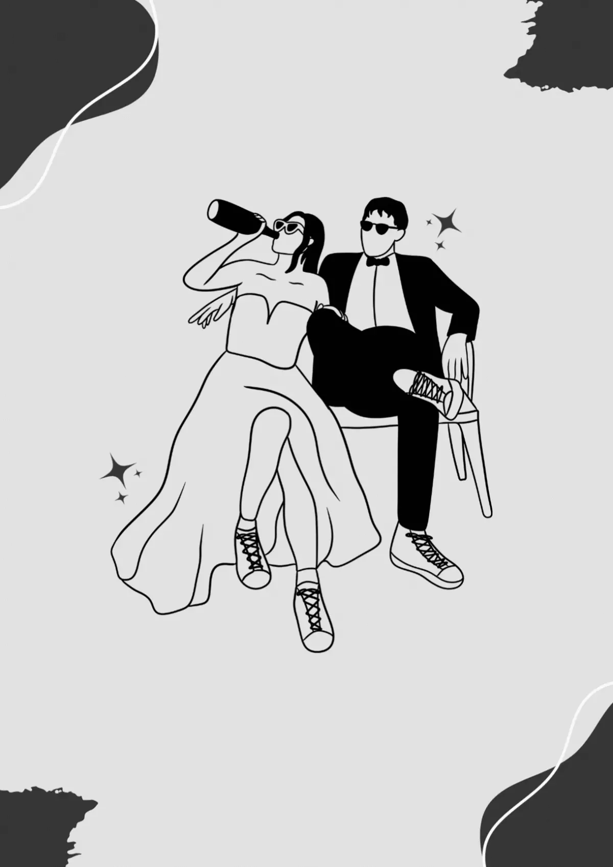 Modern wedding card featuring a stylish couple in black and white, with the bride sitting on the groom's lap, humorous and celebratory design.