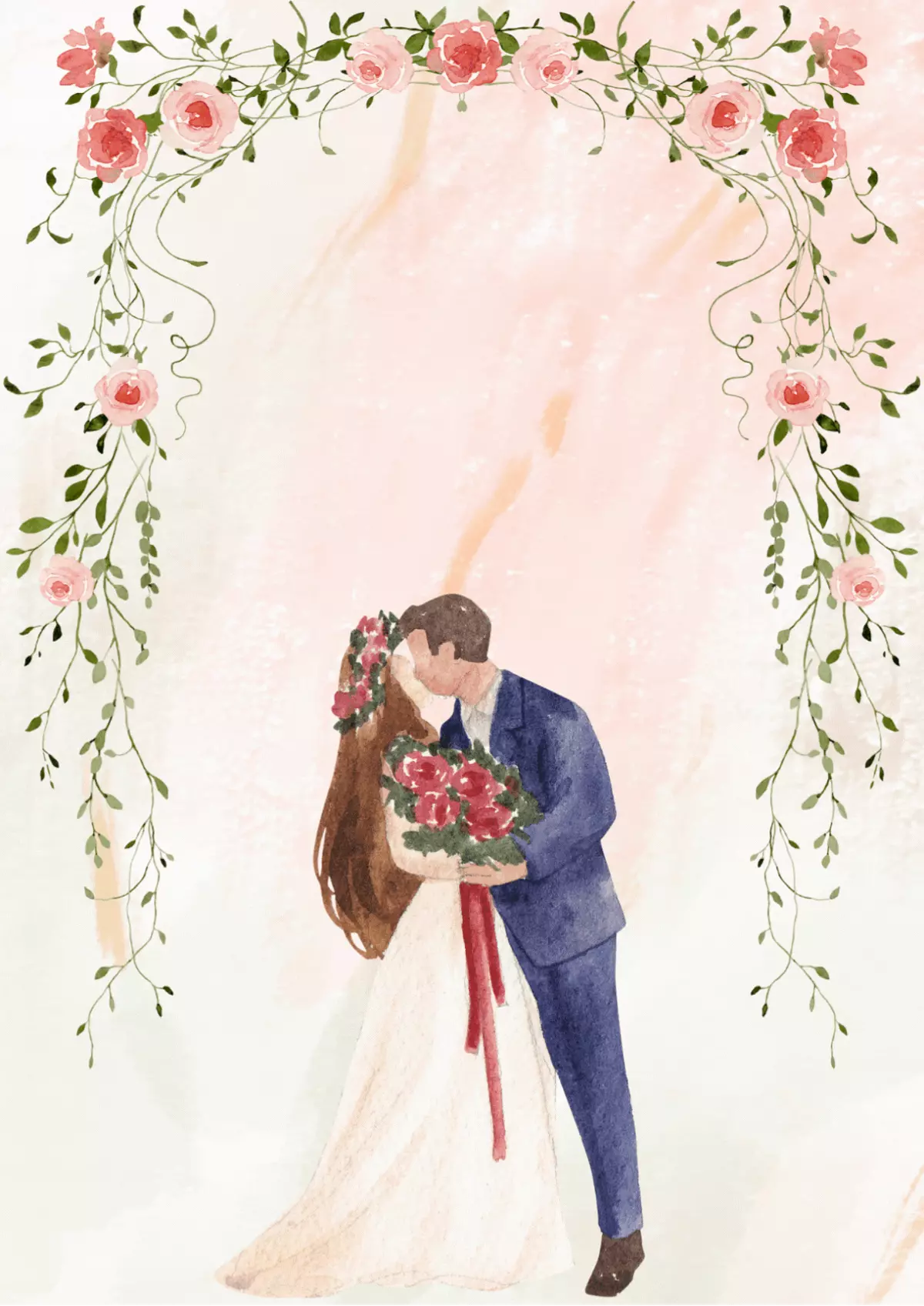 Watercolor wedding card featuring a bride and groom kissing under a pink rose arch, romantic design, soft pastel colors.