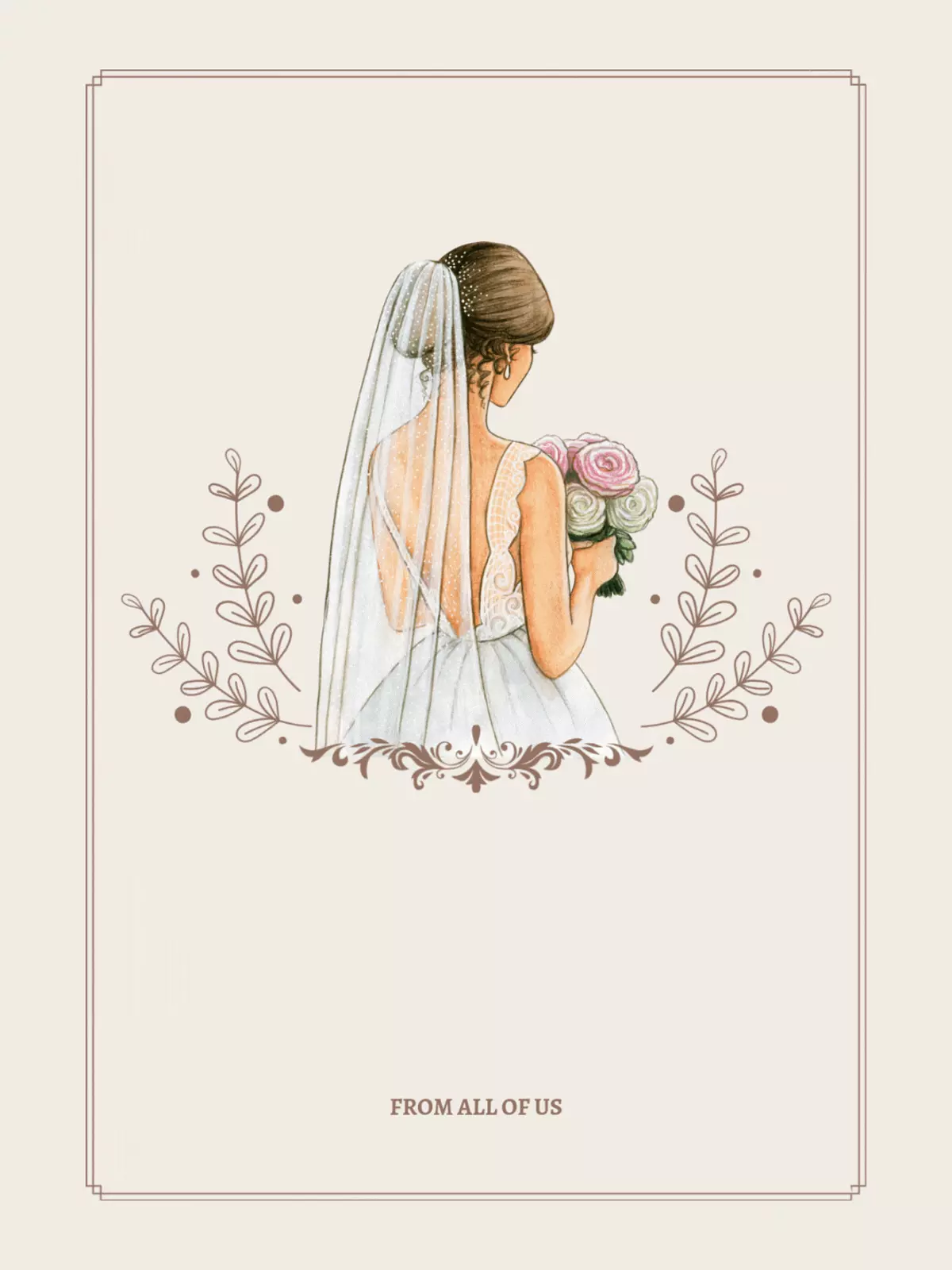 Watercolor illustration of a bride in a white dress with pink and white roses, elegant wedding card design with floral accents and a light beige background.