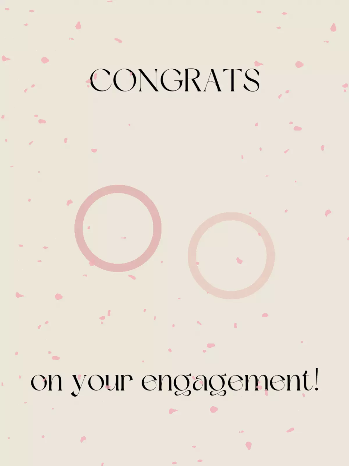Elegant engagement card with pink confetti and wedding rings, beige background, minimalist design, congratulatory message, celebrating love and commitment