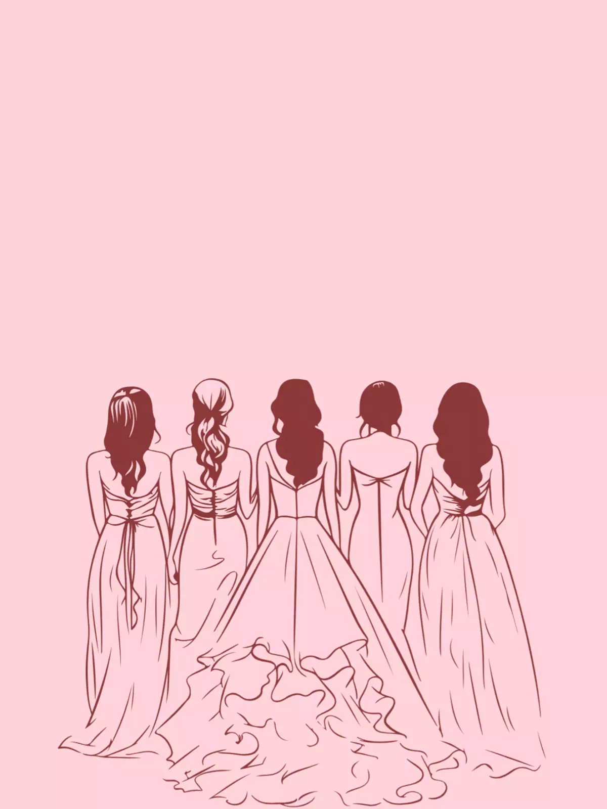 Elegant wedding card illustration of a bride and four bridesmaids in different dress styles, seen from behind in dark red-brown outline on a soft pink background, celebrating friendship and love.