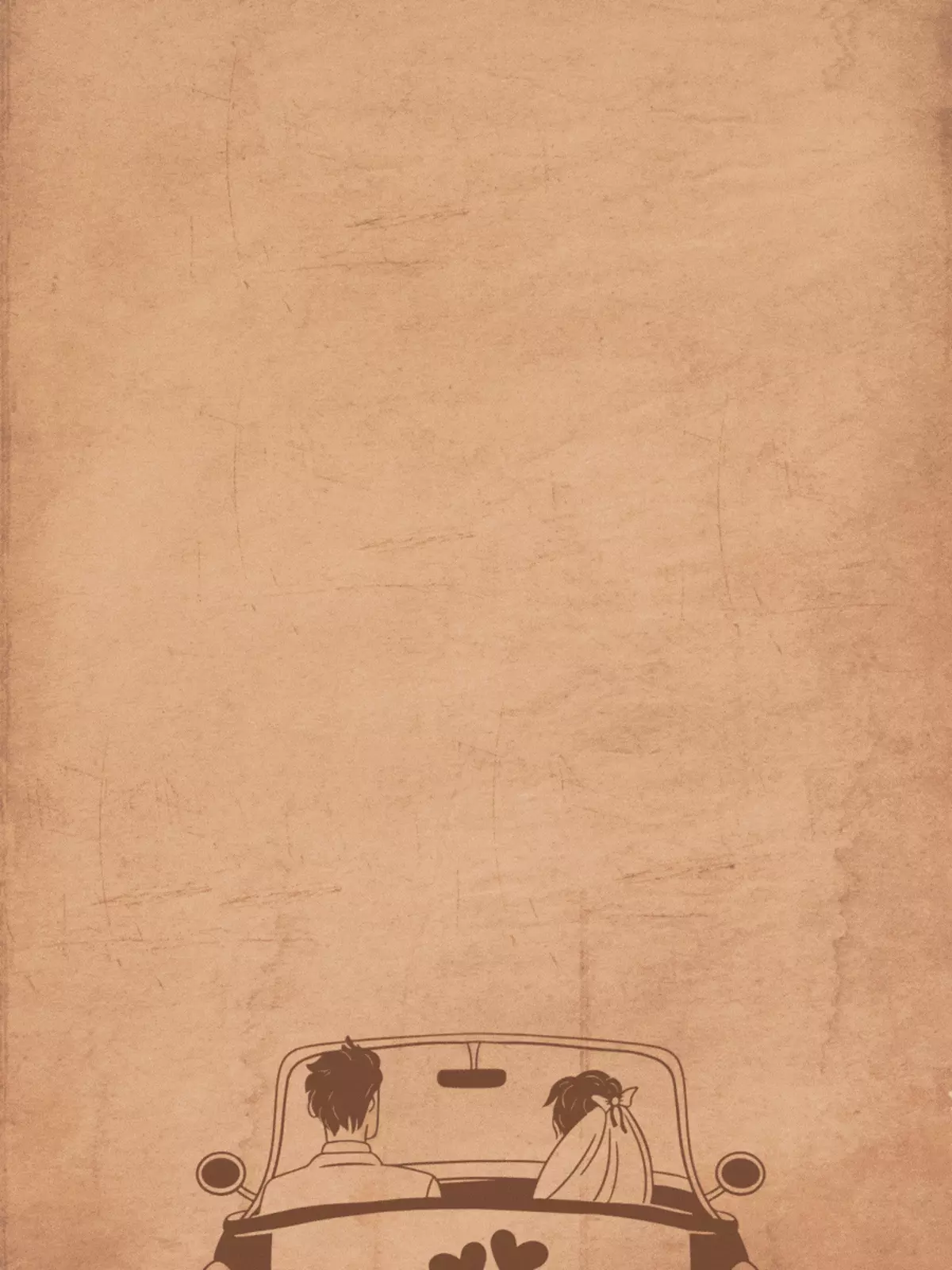 Vintage wedding card featuring a newly married couple driving away in a convertible, simple brown line art, textured paper background, celebrating new beginnings and marriage.
