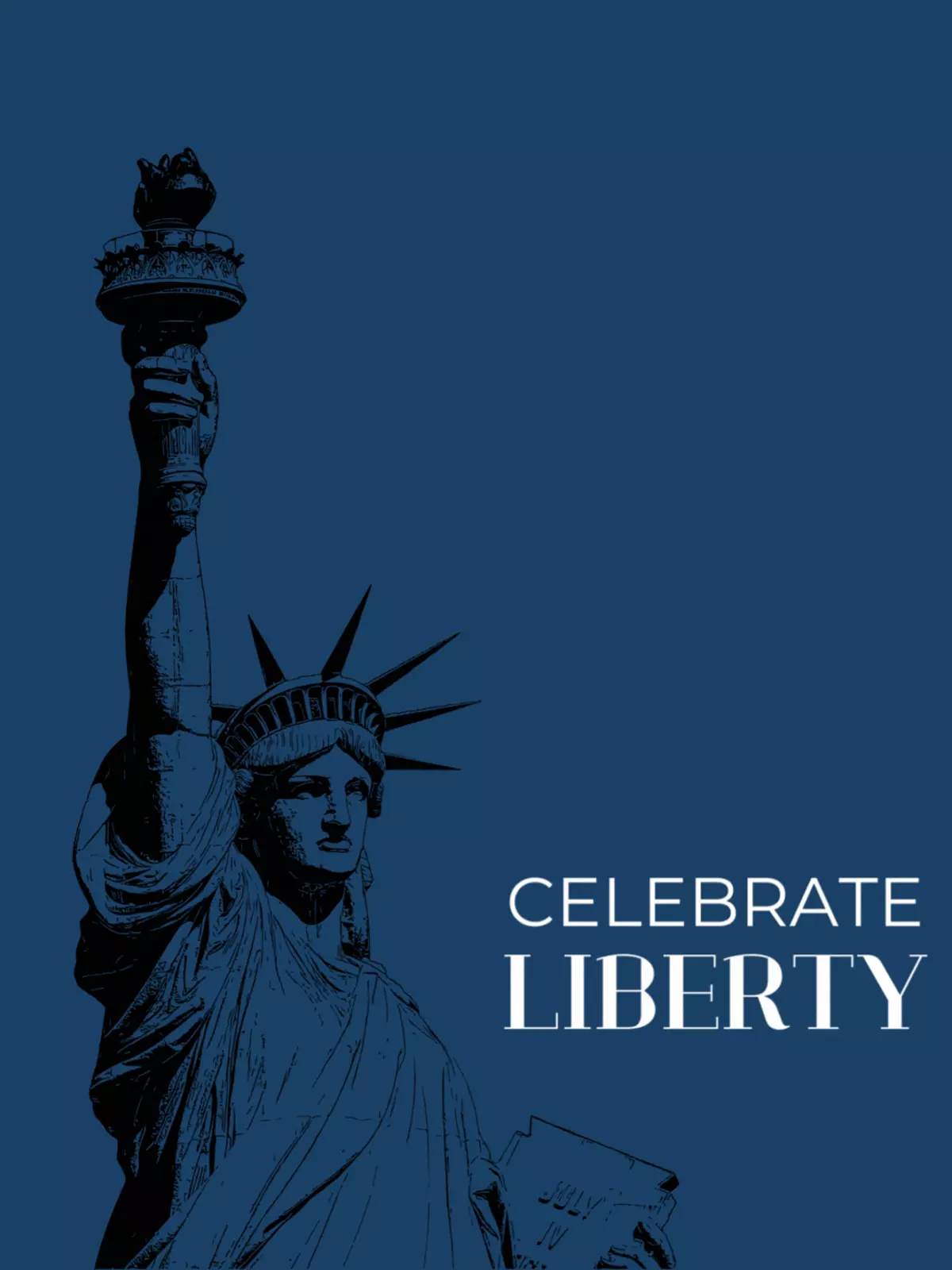 Modern 4th of July card featuring a wireframe design of the Statue of Liberty, minimalist style, abstract representation of American values, patriotic theme
