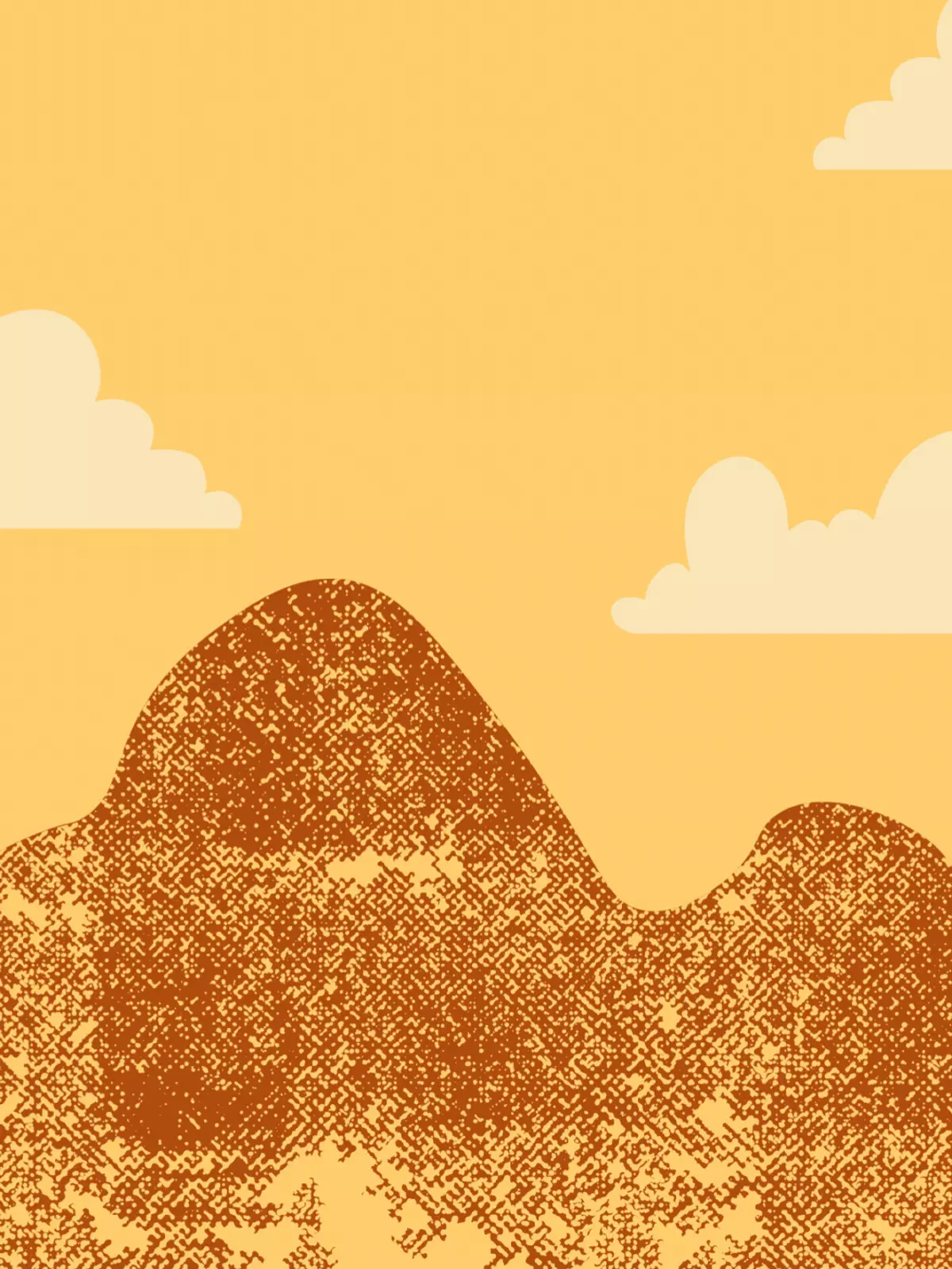 Retro 'Proud Of You' card featuring an orange sky with cartoon clouds and a textured brown hilly landscape, vintage design style.