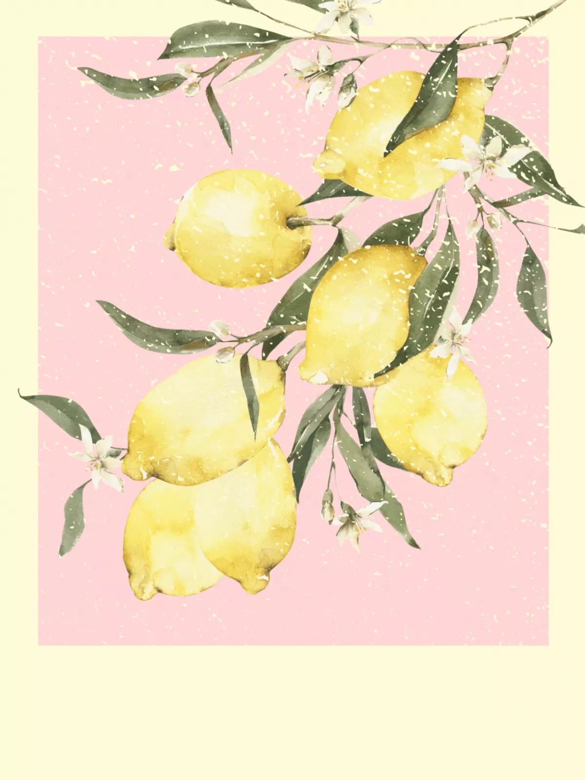 Watercolor painting of a lemon branch with lemons, leaves, and blossoms on a pink background, 'Thinking of You' card.