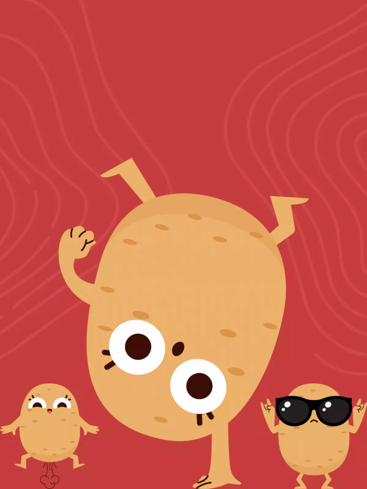 Cartoon potato character delivering a funny pun, minimalist card design, perfect for motivation and inspiration.