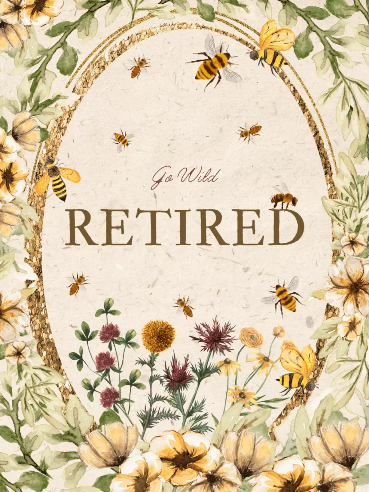 Humorous retirement card with uppercase 'RETIRED & BLOOMING' text and stylized floral design, celebrating a colleague's retirement.