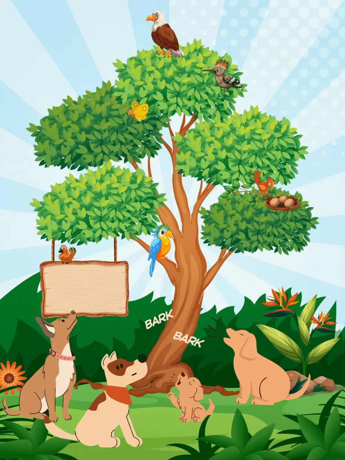 Humorous friendship card featuring dogs barking up a flower-covered tree, natural bark texture, whimsical flower illustrations, playful typography, funny design