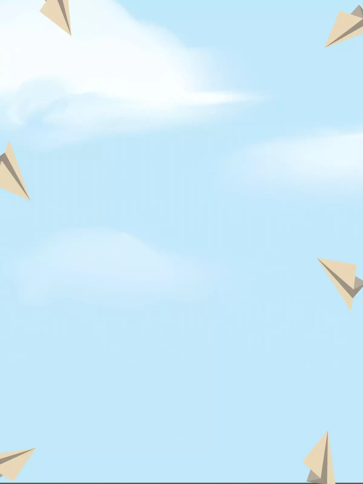 Animated farewell card featuring paper airplanes flying in a blue sky with clouds, whimsical design style, wishing good luck and safe travels.