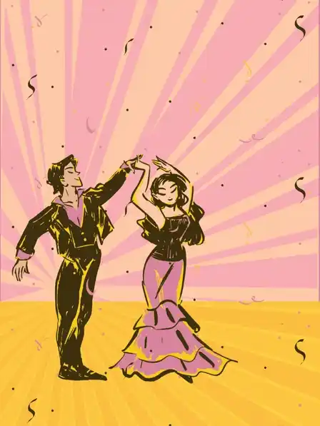 Vintage style Valentine's card featuring caricatured dancers in a swing dance pose, retro design, funny and romantic.