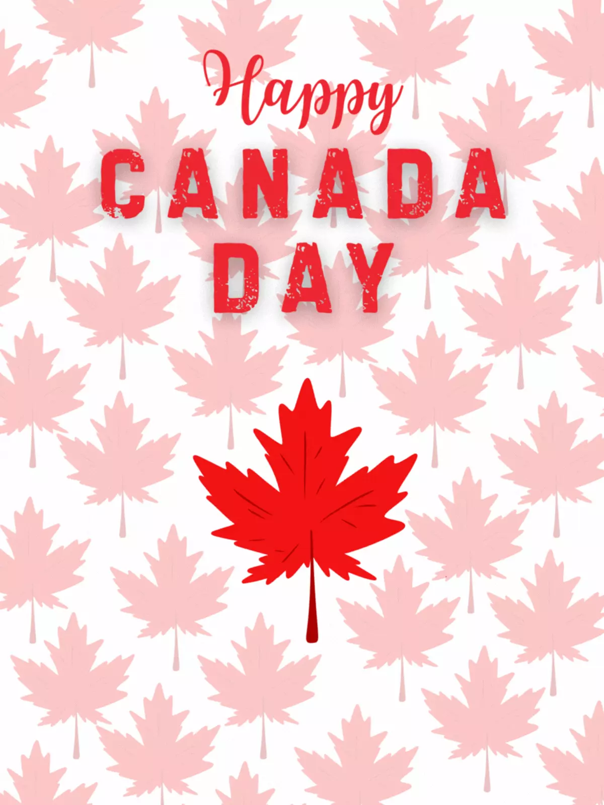 Abstract Canada Day card featuring repeating red and white geometric maple leaf patterns, modern design style.