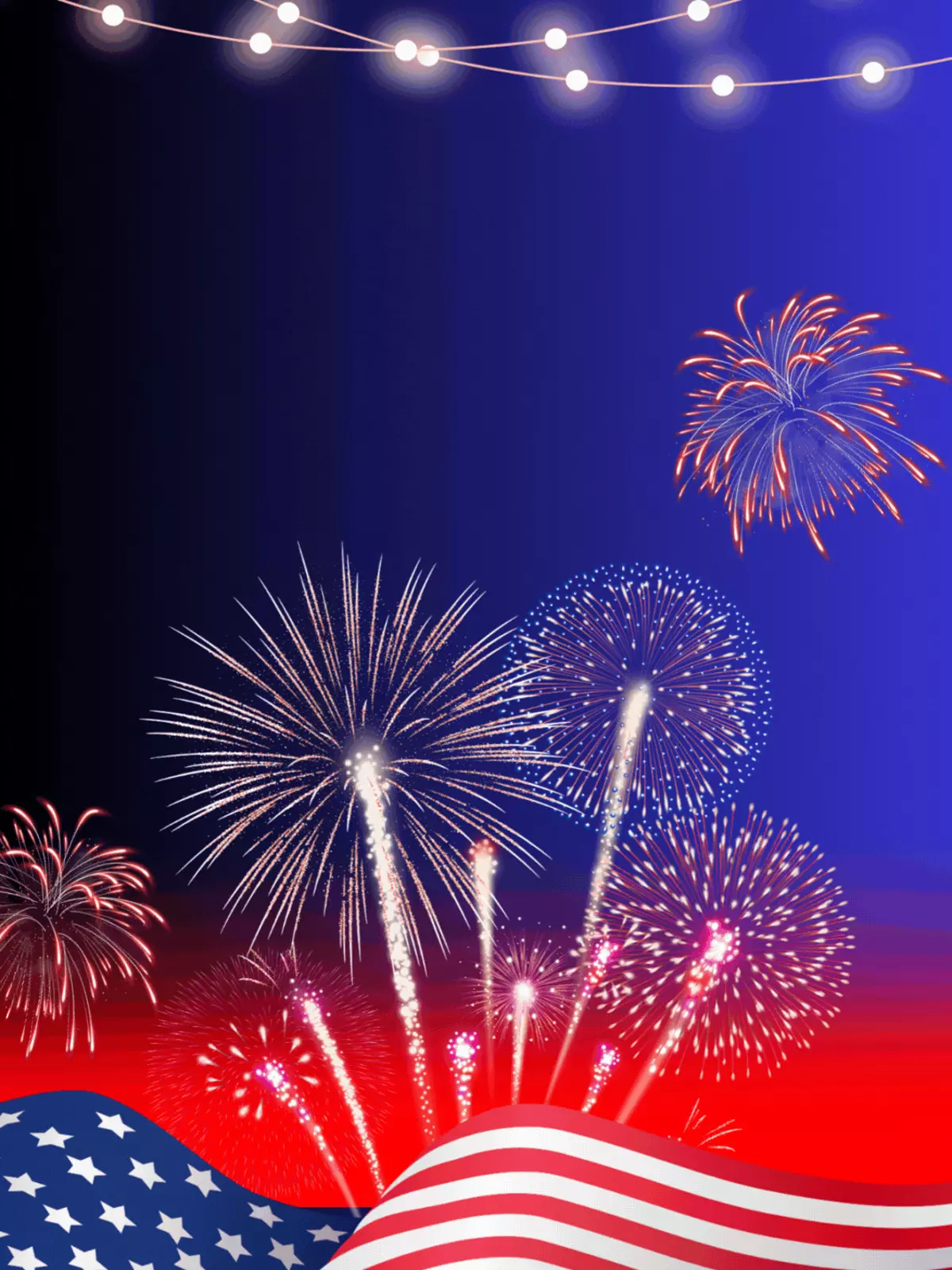 Abstract 4th of July greeting card with a joyful, celebratory color palette, whimsical design, and patriotic elements.