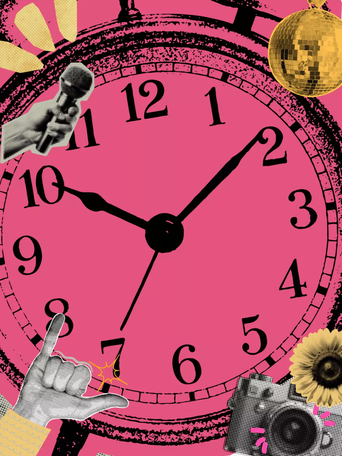 Humorous Pop Art New Year's card with exploding confetti and a retro countdown clock, perfect for friends and teens.