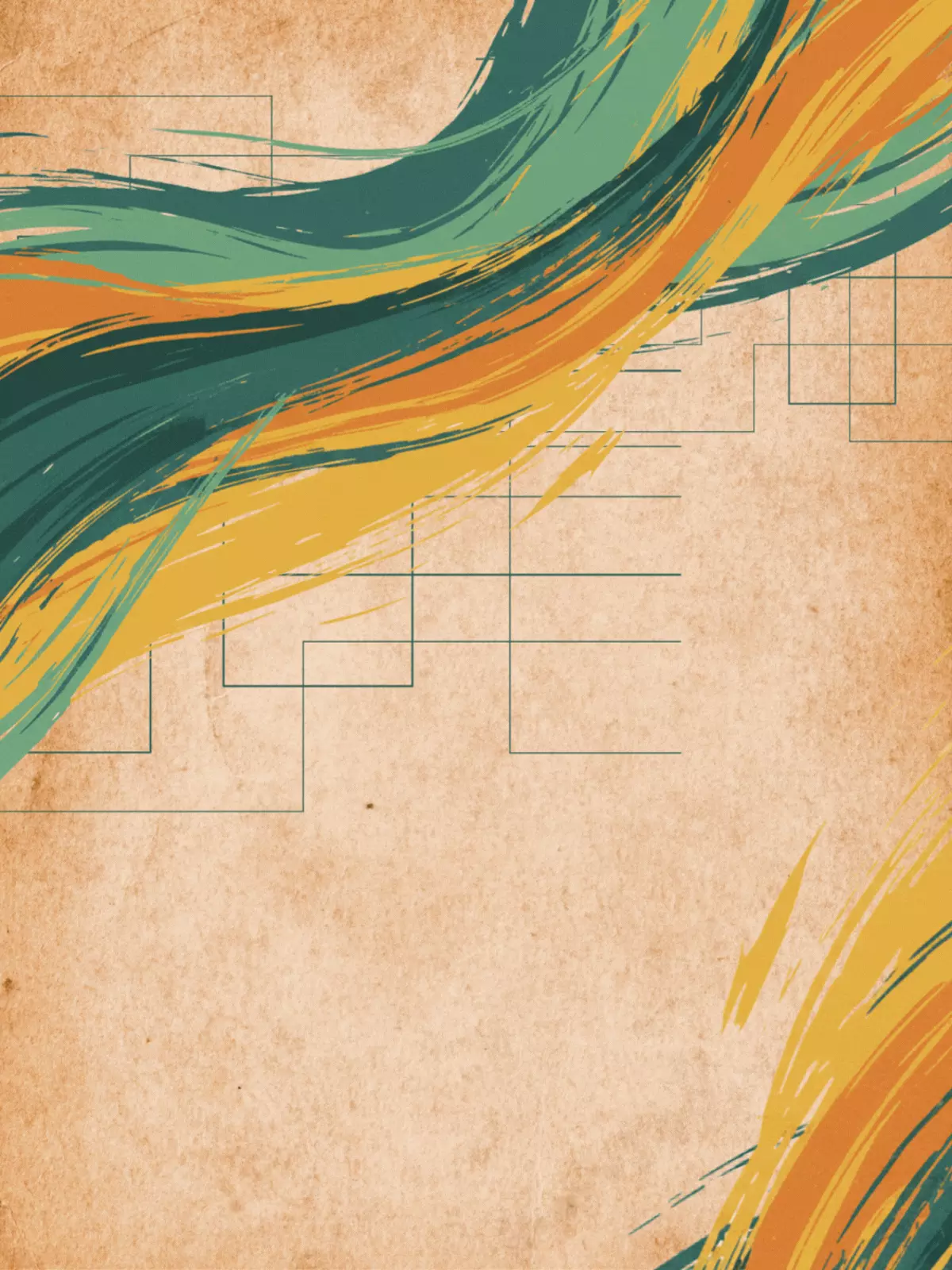 Abstract 'Thinking of You' card featuring flowing calligraphy and cultural patterns, warm color palette, artistic design.