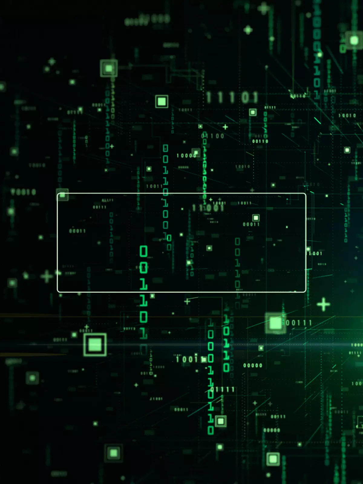 Quirky holiday card featuring a matrix-inspired design with monospace fonts, black and green color scheme, abstract pattern, for geeky holiday greetings.