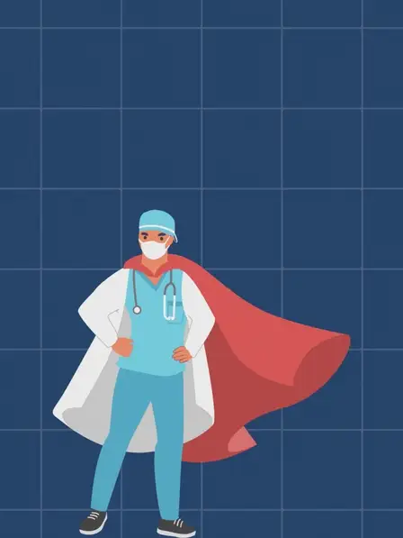 Floral-themed Nurses Day card featuring a nurse superhero, whimsical design with flowers and a cape, celebrating caring and strength.