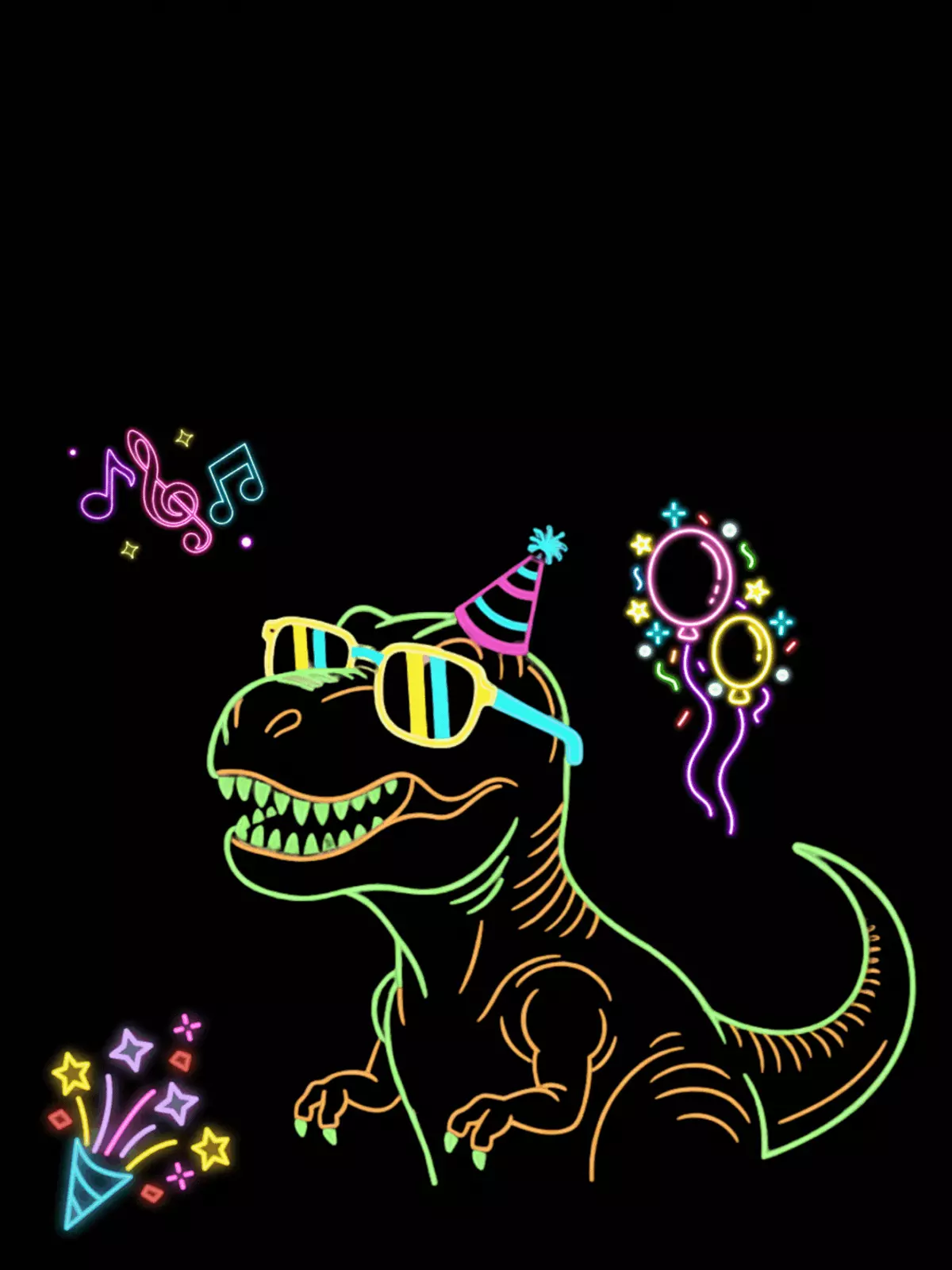 Funny neon dinosaur birthday card with sunglasses and a party hat, vibrant colors, cartoon style, perfect for kids and teens