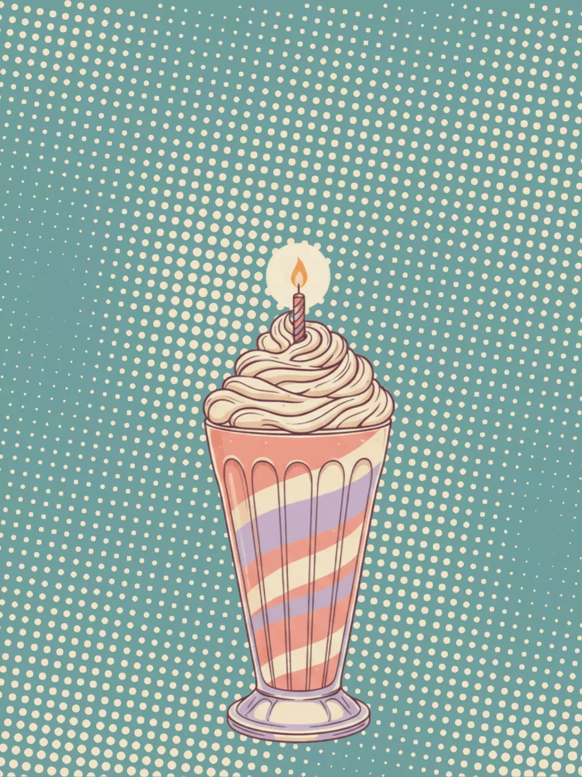 Vintage-style birthday card featuring a colorful milkshake with a candle, retro fonts and design, perfect for a fun birthday celebration.