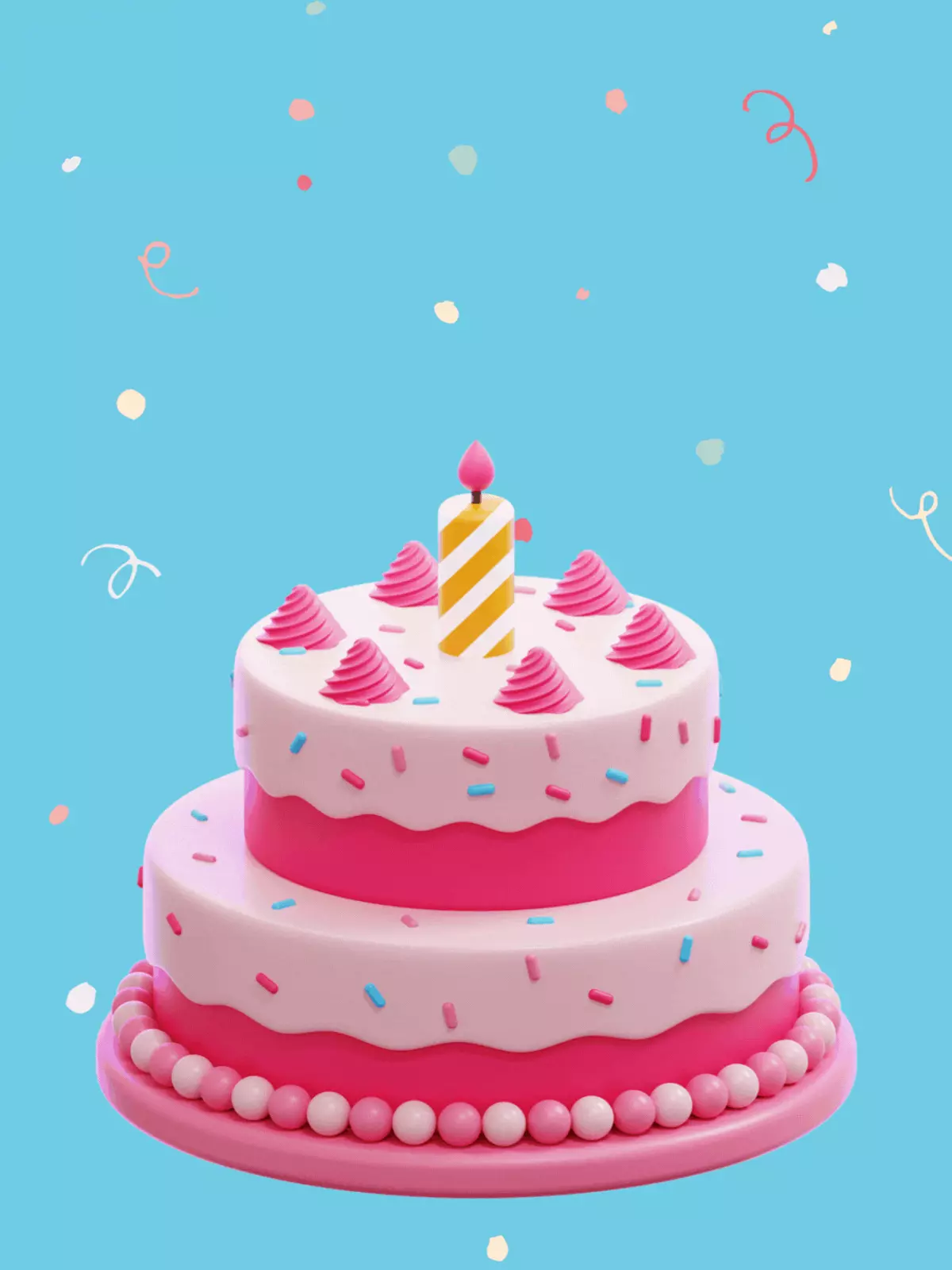 Birthday card featuring a glass-effect birthday cake illustration with candles and colorful frosting, suitable for kids and general birthday celebrations.