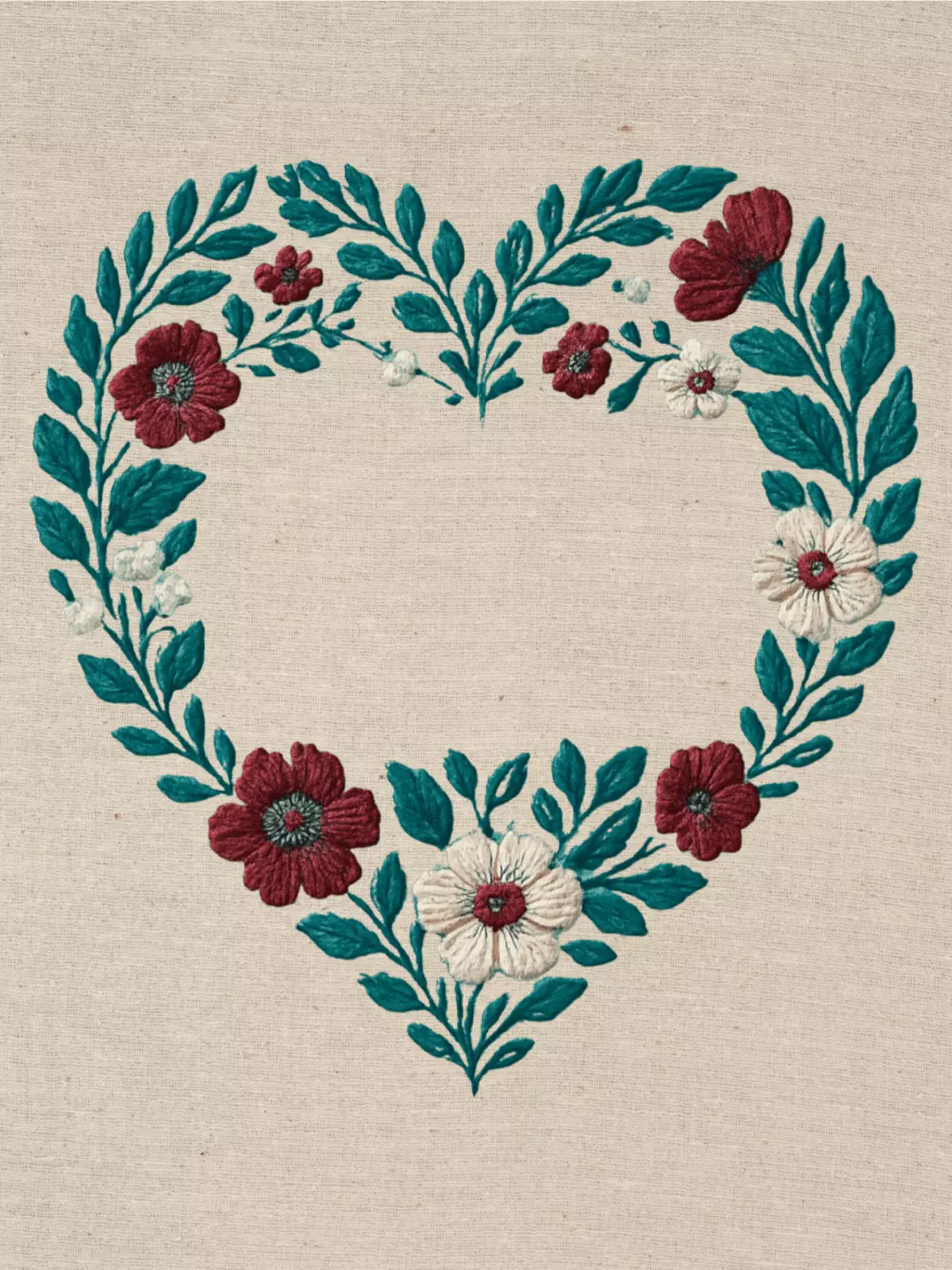 Anniversary card with an embroidered floral heart design on a fabric texture background, romantic style, celebrating love and anniversary