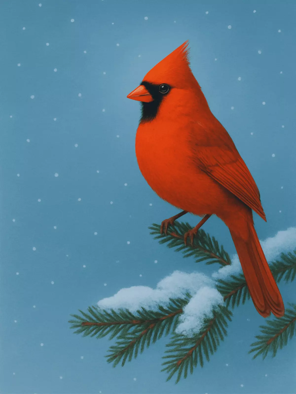 Christmas card featuring a red cardinal on a snow-covered branch, traditional illustration style, festive winter scene.