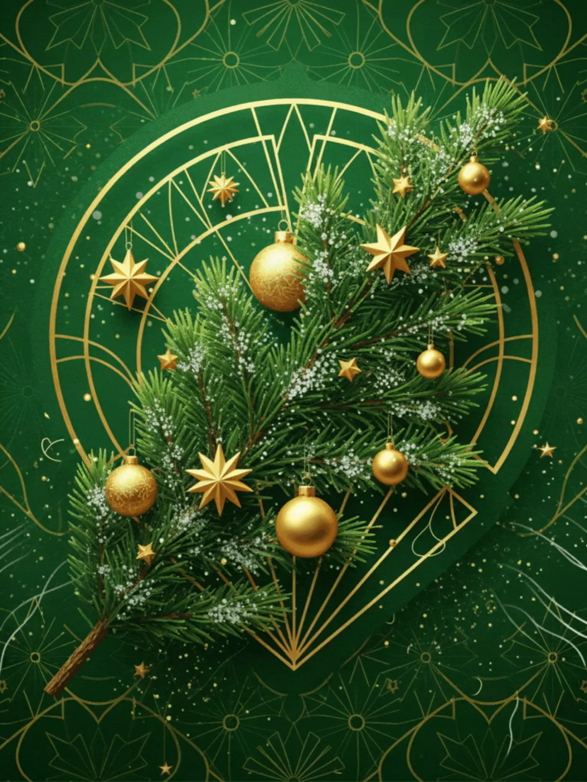 Classic Christmas card featuring an evergreen branch with gold highlights, traditional illustration style, conveying a peaceful and warm holiday greeting.