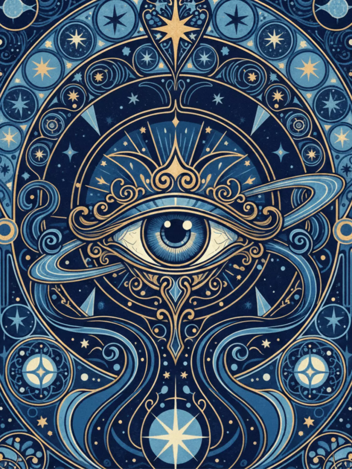Stylized eye surrounded by celestial elements, galaxy background, spiritual 'Thinking of You' card design