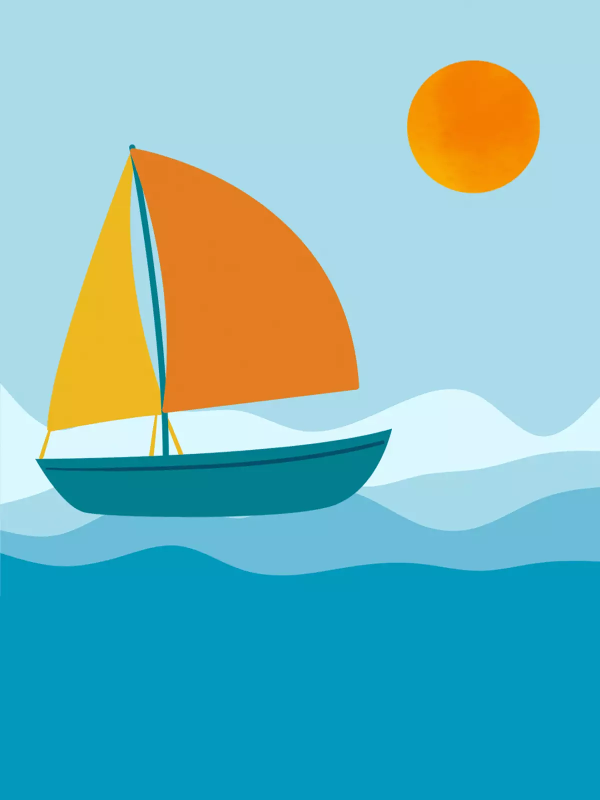 Minimalist farewell card illustration featuring a sans-serif sailboat on calm blue water, nautical theme, wishing good luck.