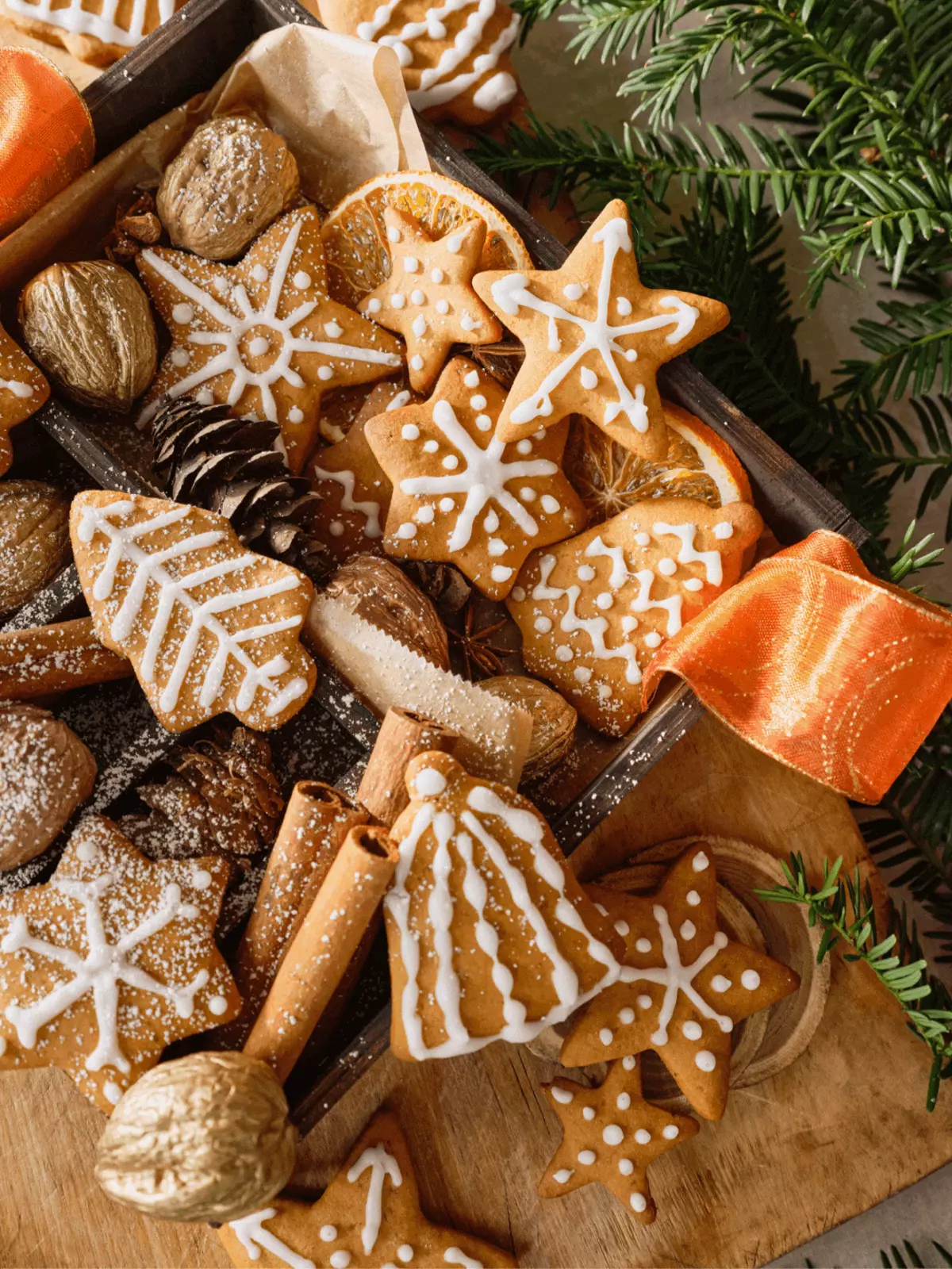 Maximalist Christmas card featuring a festive collage of holiday snacks, including gingerbread cookies, candy canes, and ornaments, in a joyful and colorful illustration style.