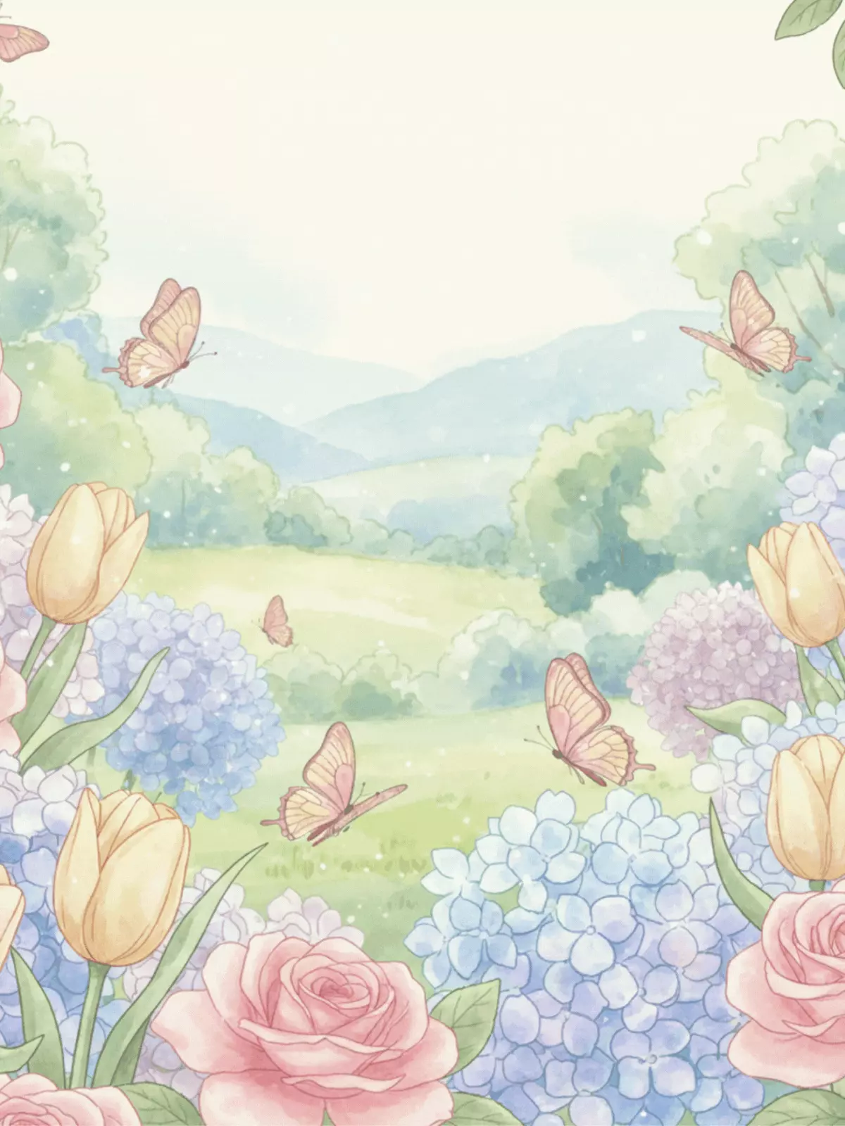 Pastel Mother's Day card featuring garden flowers and butterflies in a gentle illustration, perfect for showing appreciation to mothers and grandmothers.