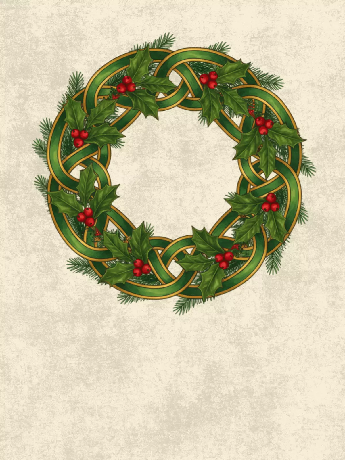 Celtic Christmas card featuring a traditional Celtic knot intertwined with winter foliage and berries, conveying warm winter wishes and holiday cheer.