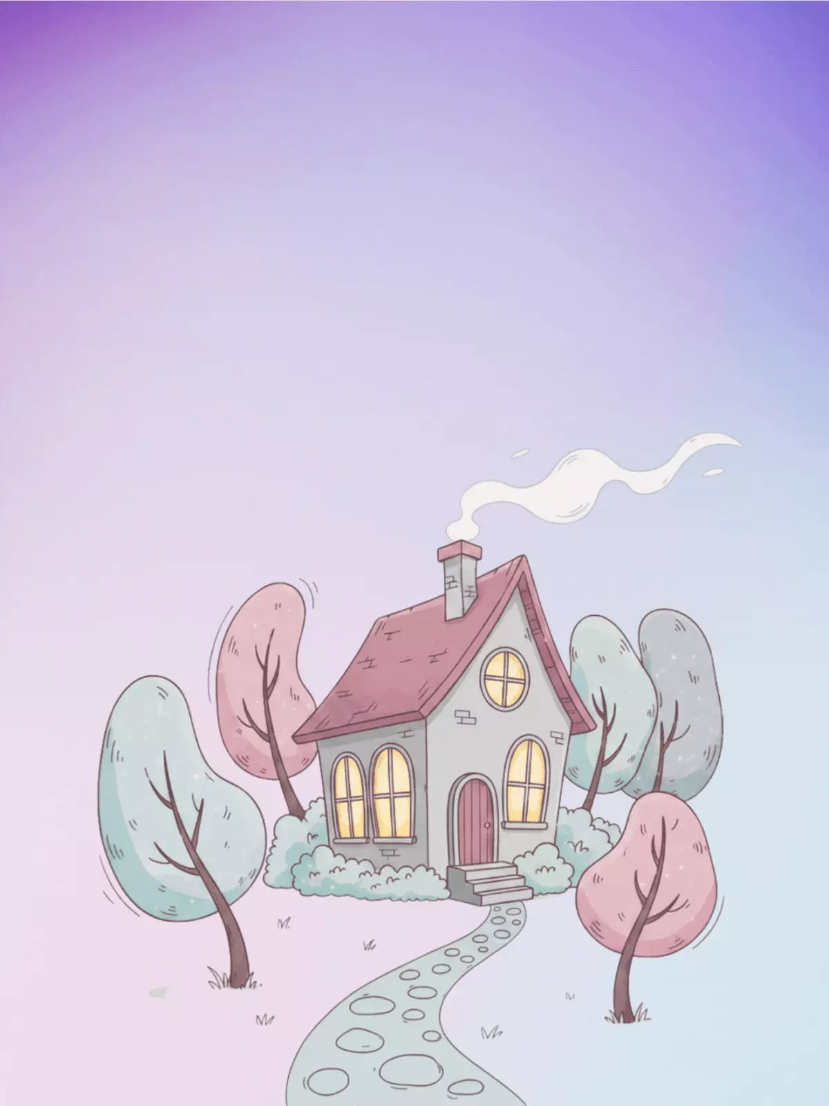 Pastel welcome home card featuring a whimsical house illustration in soft pastel colors. Perfect for welcoming new homeowners or colleagues.