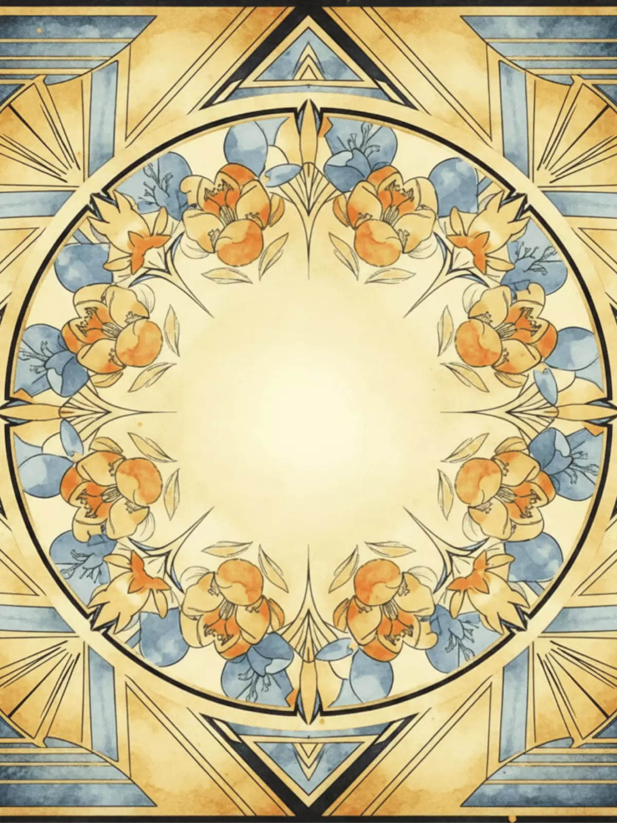 Elegant Art Deco birthday card featuring geometric patterns and watercolor floral motifs in rich, contrasting colors, stylish design.