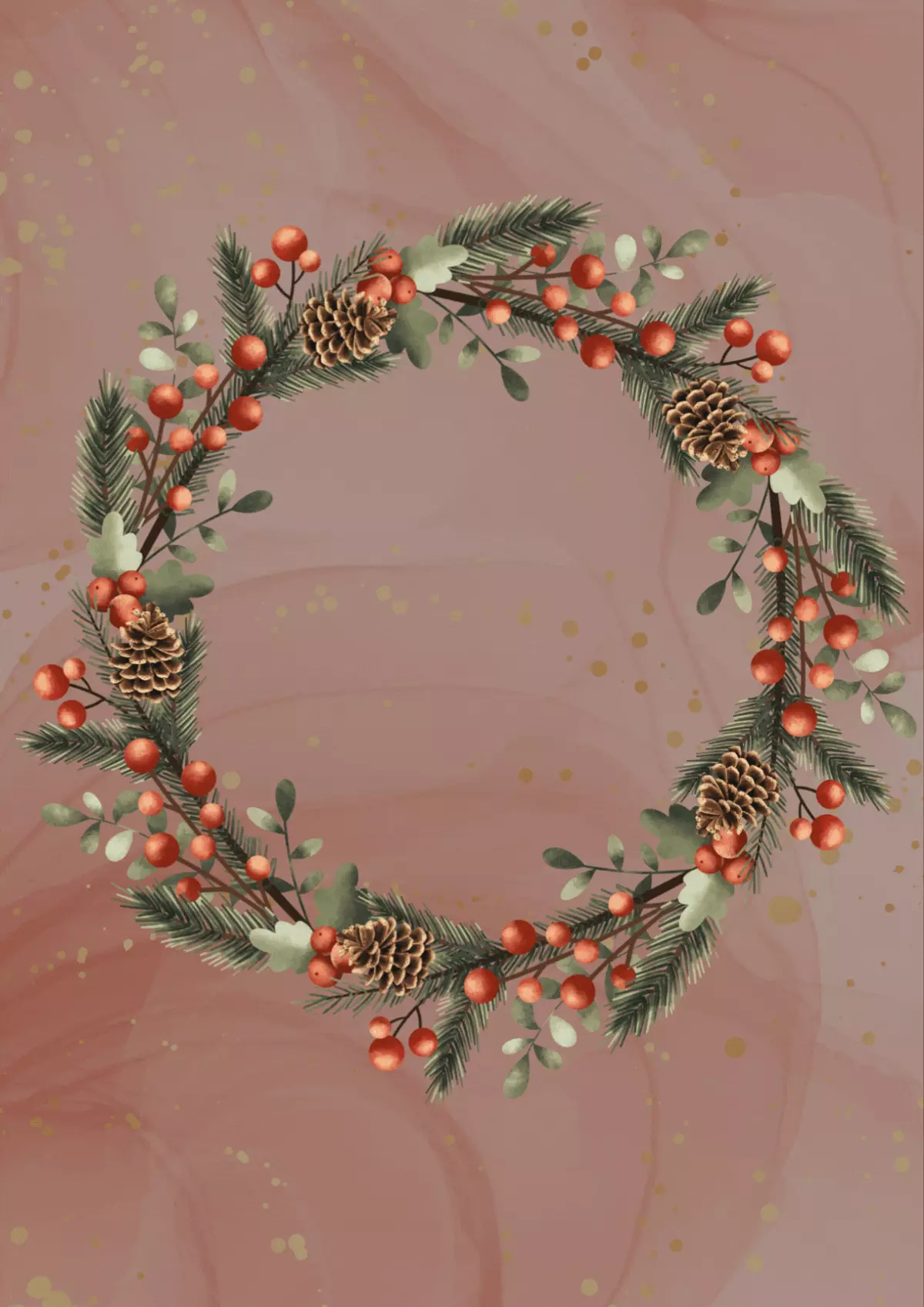 Watercolor Christmas card featuring a rustic wreath of winter berries and foliage in earth tones, artistic design style for holiday greetings.