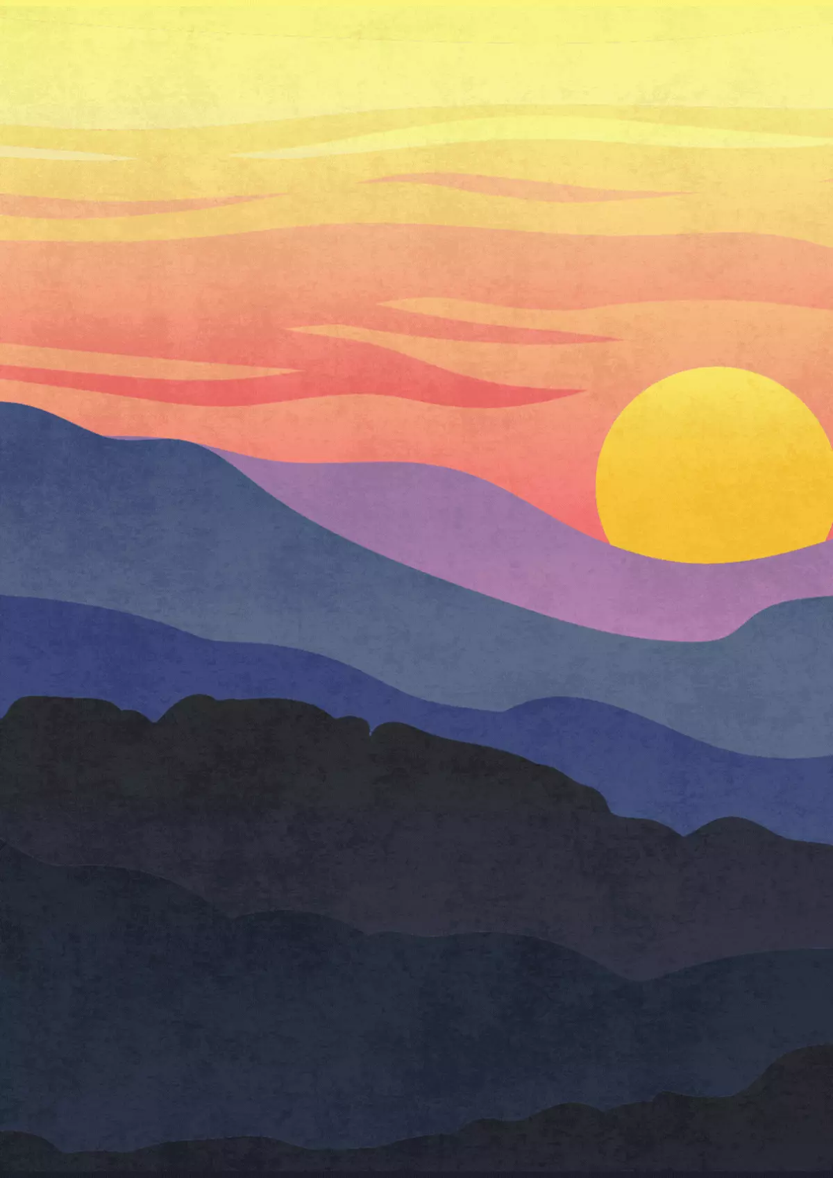 Serene landscape illustration with horizontal bands of sunset colors, a peaceful "just because" card.