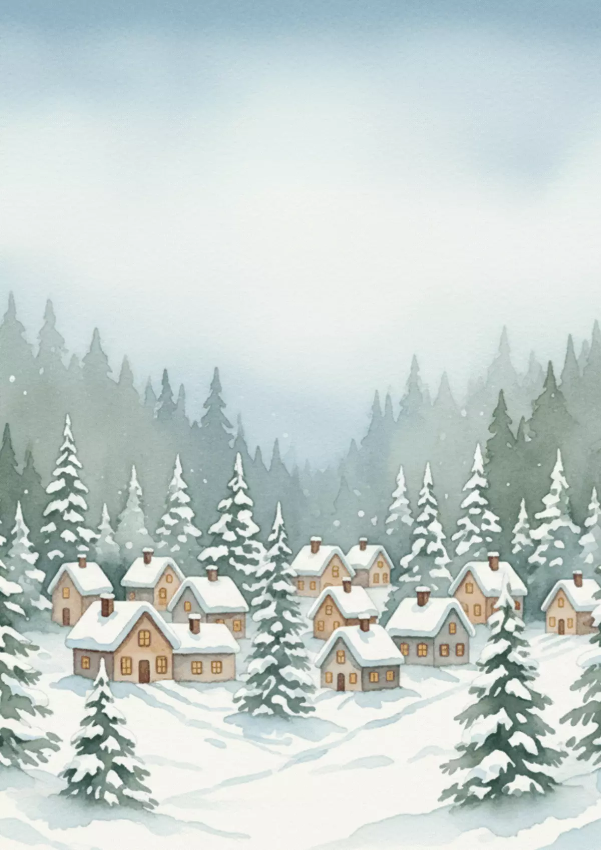 Watercolor Christmas card featuring a snow-covered winter village scene with cozy houses, painted in soft pastel colors, traditional artistic style.