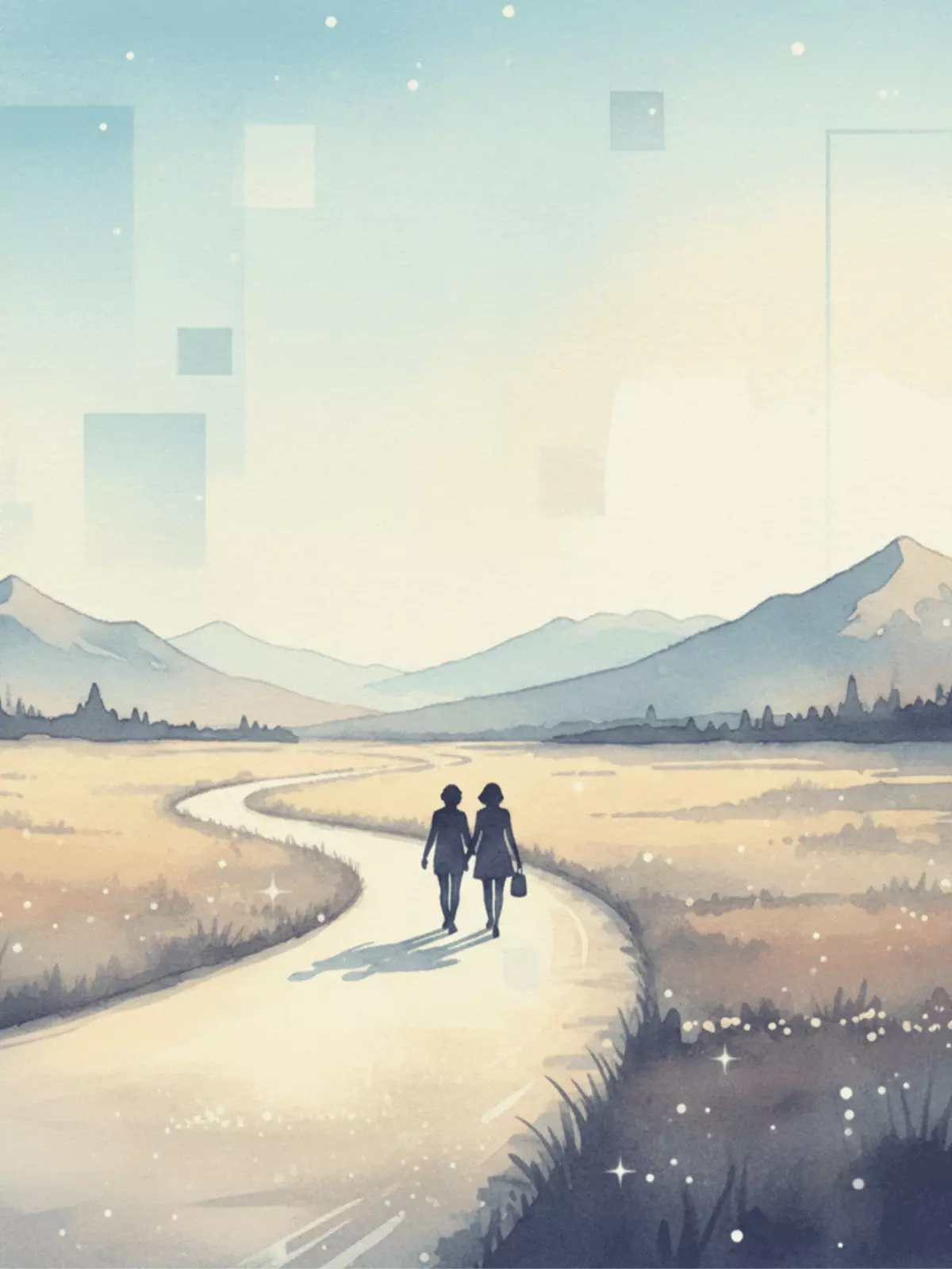 Friendship card featuring a horizontal landscape illustration with mountains, sky and fields, symbolizing a shared journey. Warm, inviting colors.