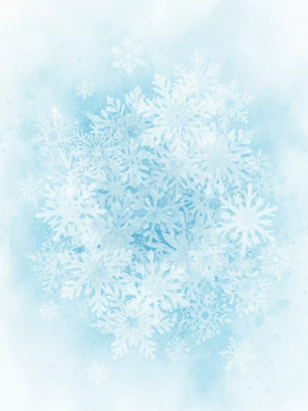 Watercolor Christmas card featuring overlapping snowflakes in shades of blue and white, artistic style, festive and joyful design.