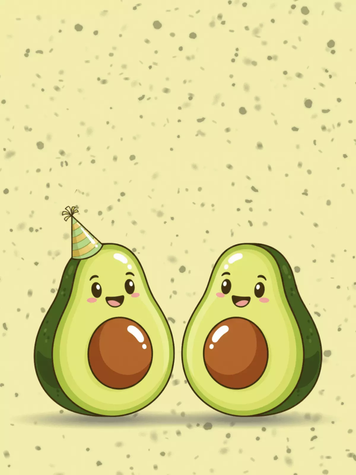 Funny friendship card featuring two cartoon avocados, one with a party hat, bright colors, symmetrical design, perfect for best friends