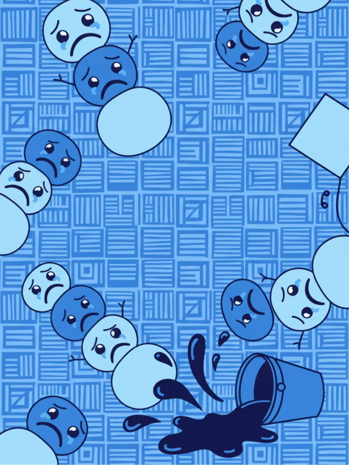 Funny Christmas card featuring sad blue snowmen, monochromatic abstract design, humorous holiday greeting