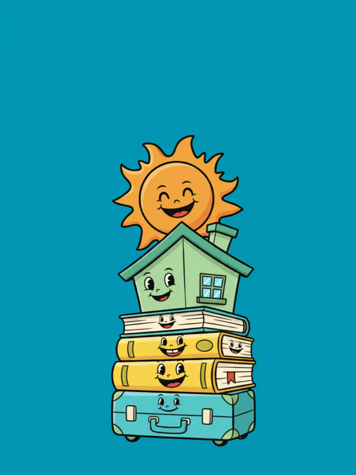 Vertical welcome card with a stack of smiling, quirky objects, illustration style, suitable for welcoming new colleagues or new homeowners.