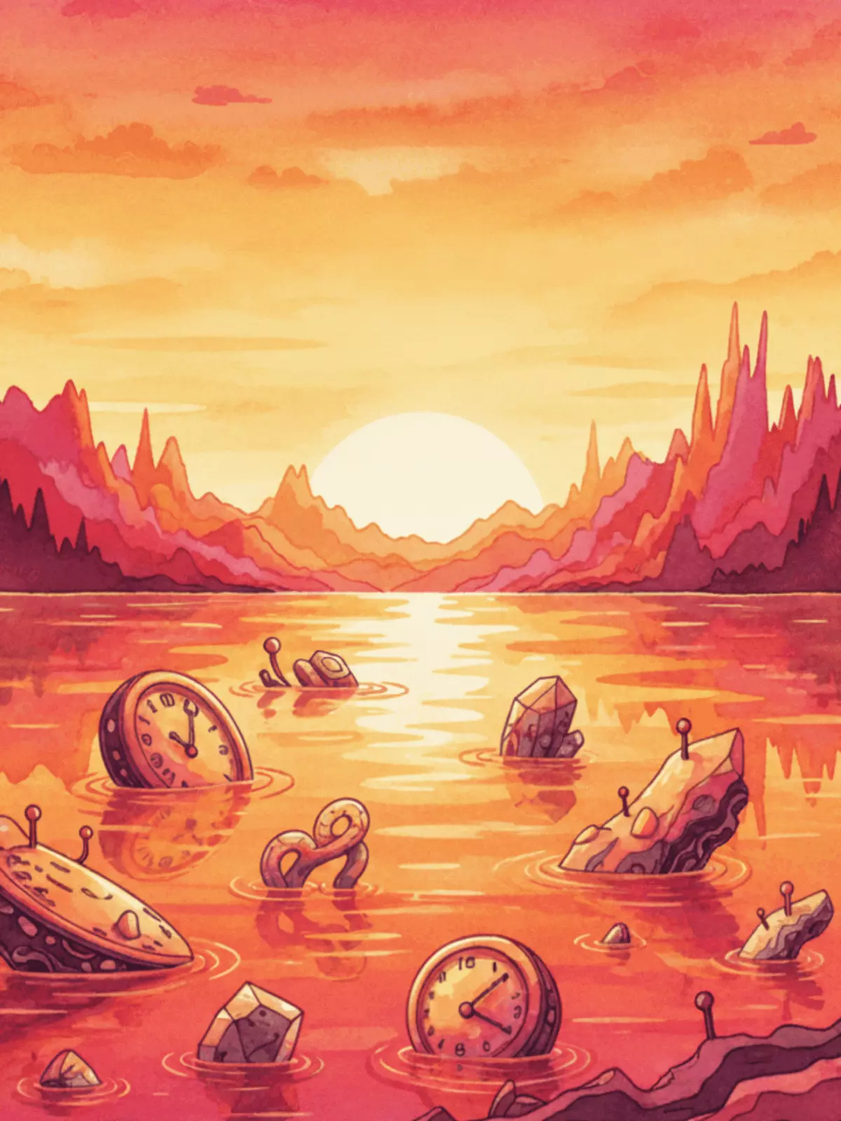 Watercolor retirement card featuring an analogous sunset scene with orange, yellow, and red hues depicting a peaceful lake and rolling hills.