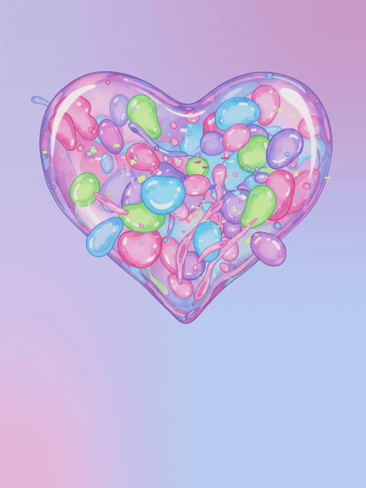 Romantic Valentine's card featuring a glass-like heart with transparent watercolor layers, dreamy and ethereal design, perfect for expressing love during Valentine week.